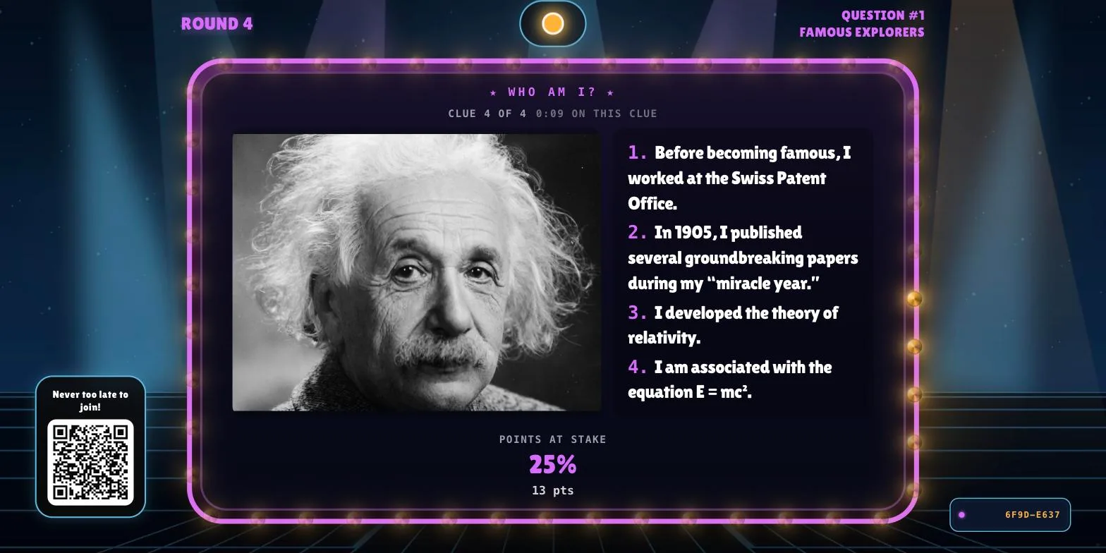 Big screen showing a Who Am I round with all four clues revealed