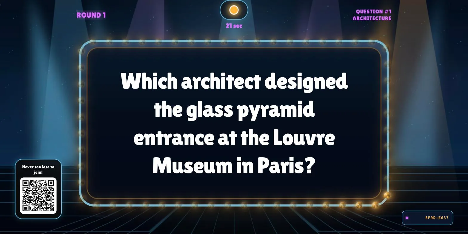 Big screen showing a written-answer trivia question with a countdown timer